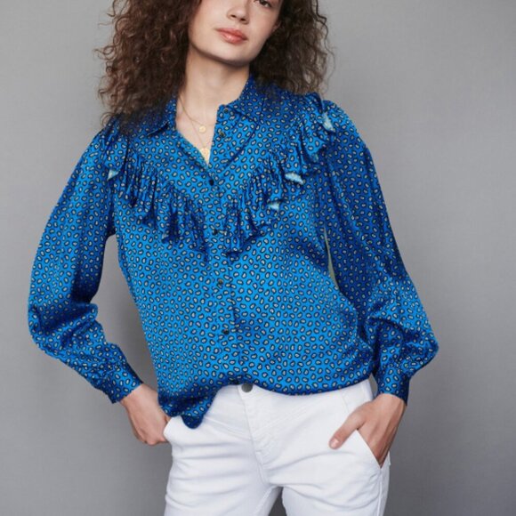 Maje Tops - Maje Blue Patterned Ruffle Blouse Paisley-Print Ruffled Shirt m medium